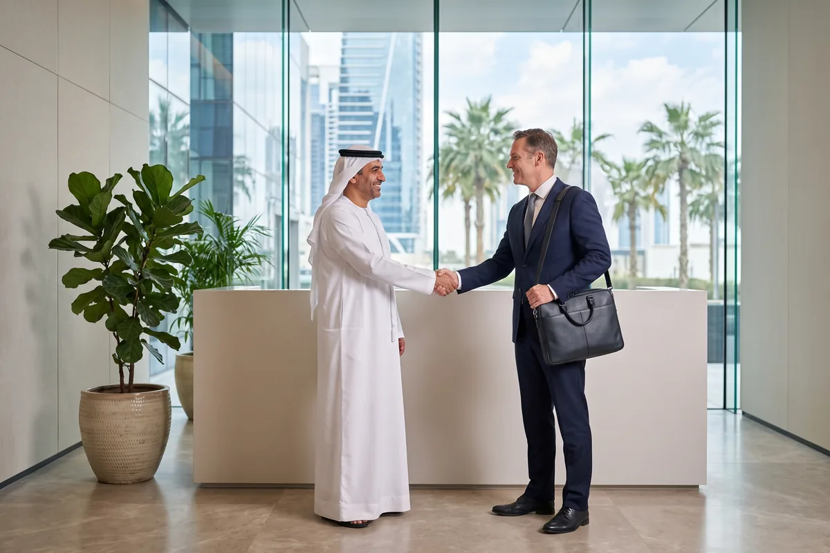 Two executives shaking hands in an office reception, representing a branch of an existing company in IFZA