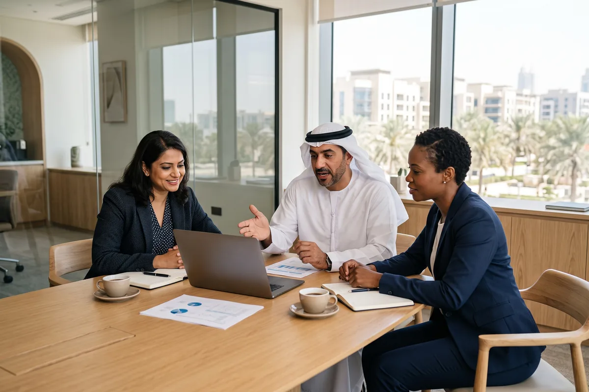 Three business partners meeting in a Dubai office, representing an IFZA Free Zone Company with multiple shareholders