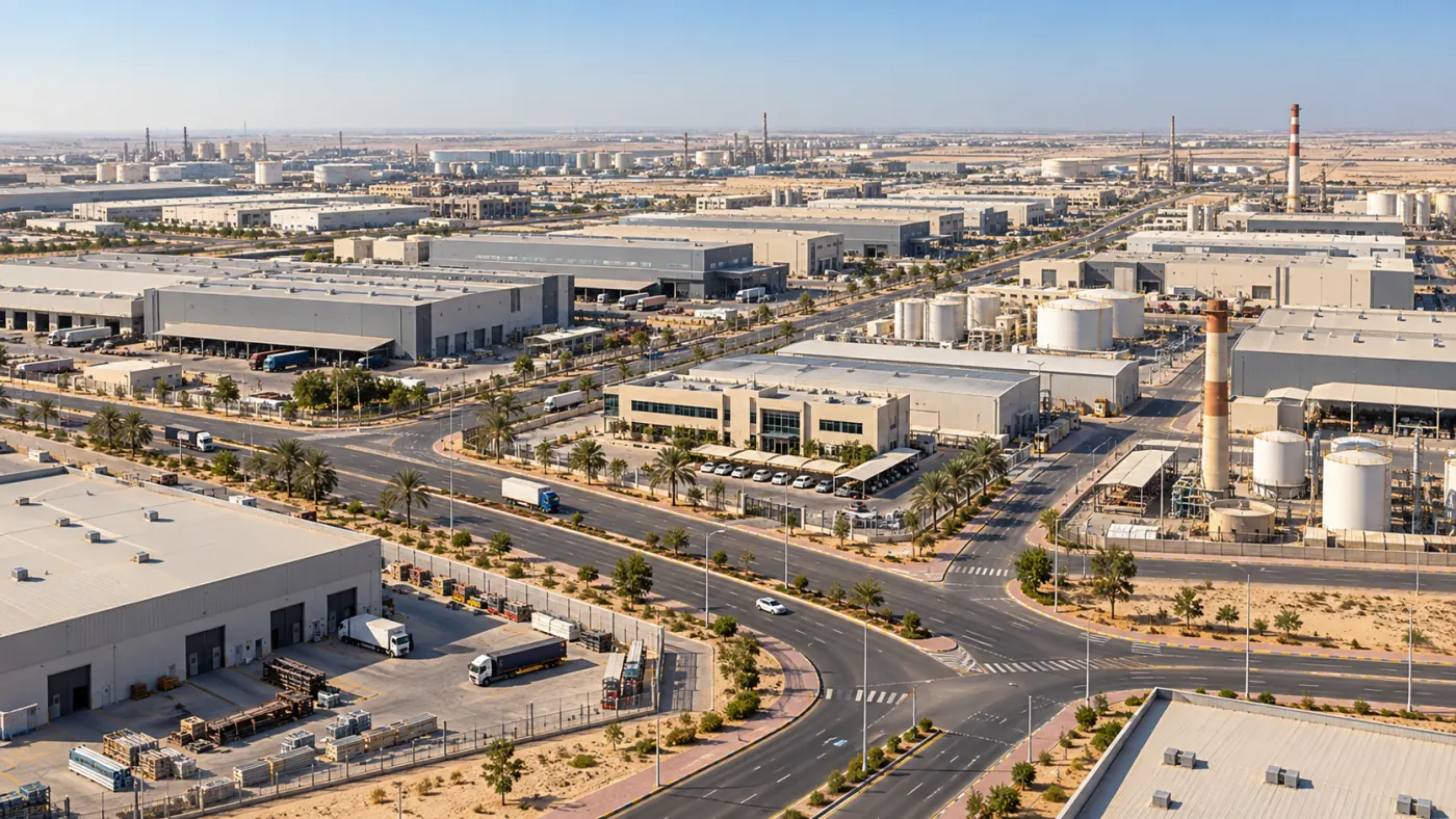 Warehouses and manufacturing plants at the Industrial City of Abu Dhabi (ICAD) in Musaffah