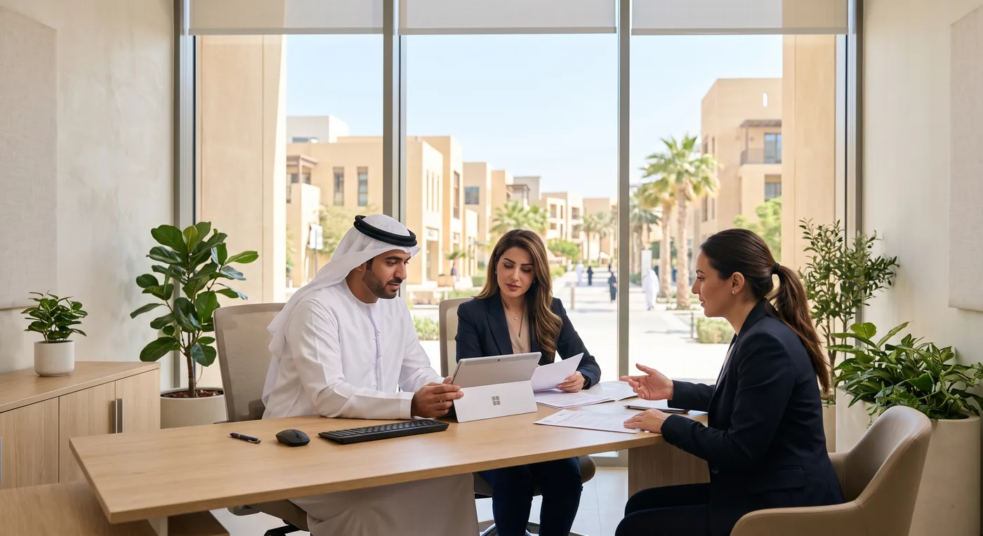 Masdar City Free Zone Authority official reviewing company registration documents with a client