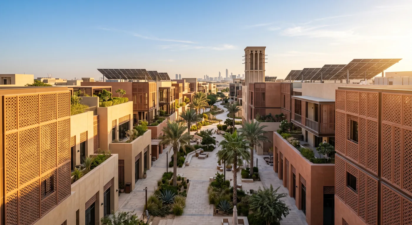 Masdar City sustainable free zone district in Abu Dhabi with solar panels and a traditional wind tower